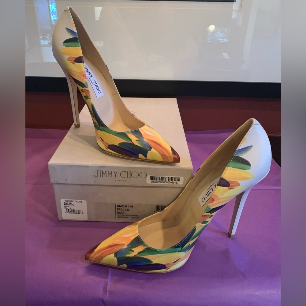 JIMMY CHOO ANOUK PUMPS multi colors with  Feather Painted Leather ~ EU 40/US 9.5